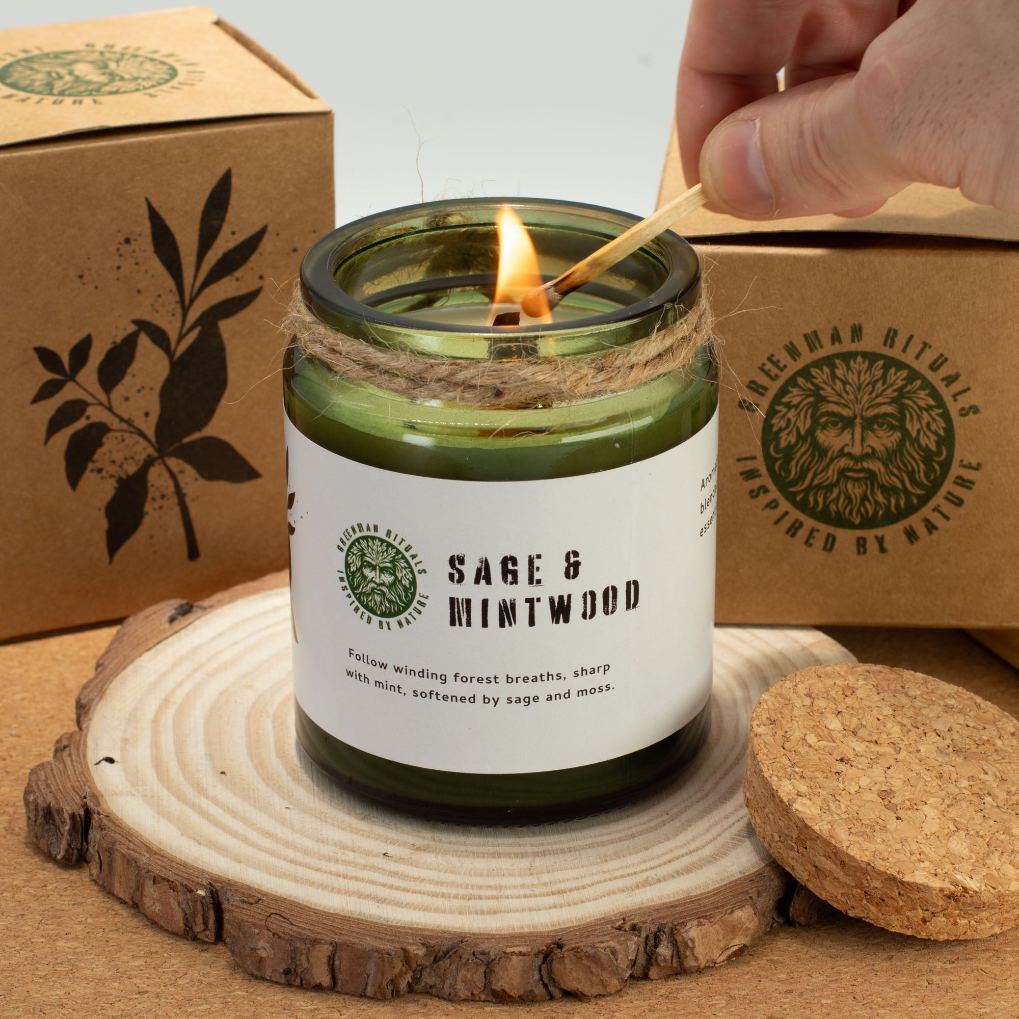 Natural, handmade, soy wax candle - Sage and Mint Wood