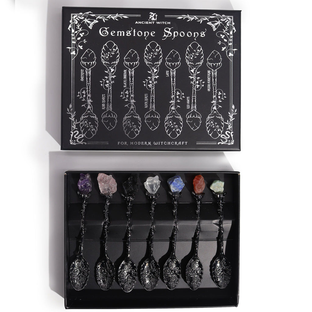 Set de 7 lingurițe decorative argintii, cu pietre semi-prețioase și cristale & aspect antichizat