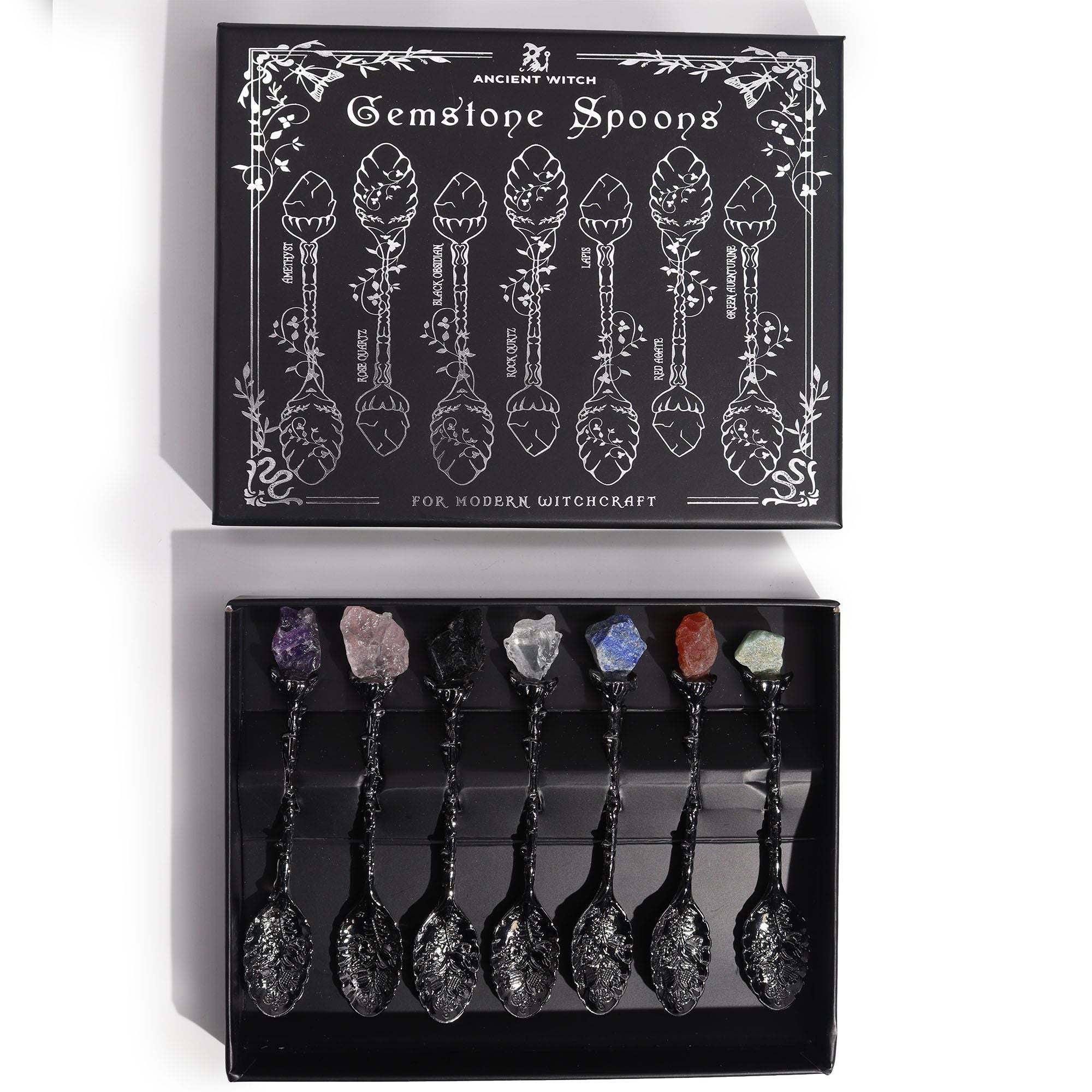 Set de 7 lingurițe decorative argintii, cu pietre semi-prețioase și cristale & aspect antichizat