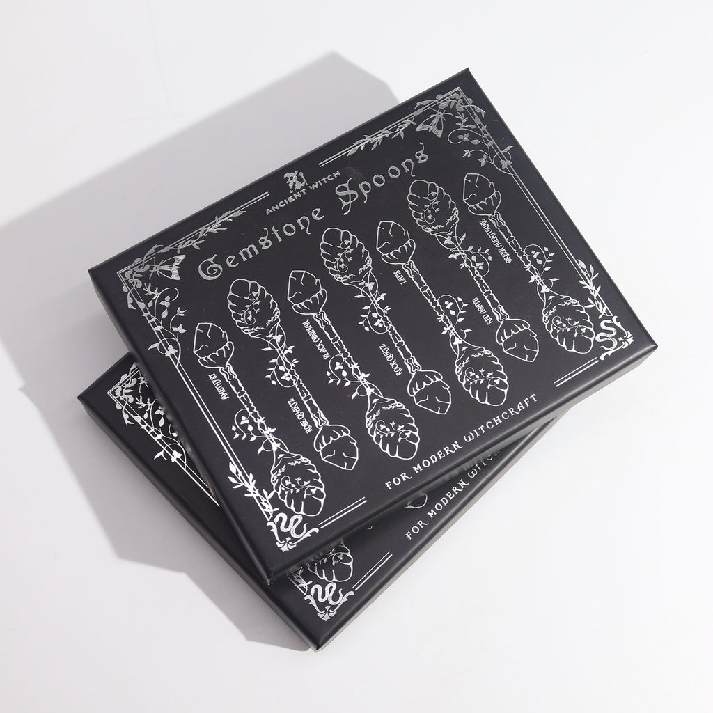 Set de 7 lingurițe decorative bronz, cu pietre semi-prețioase și cristale & aspect antichizat