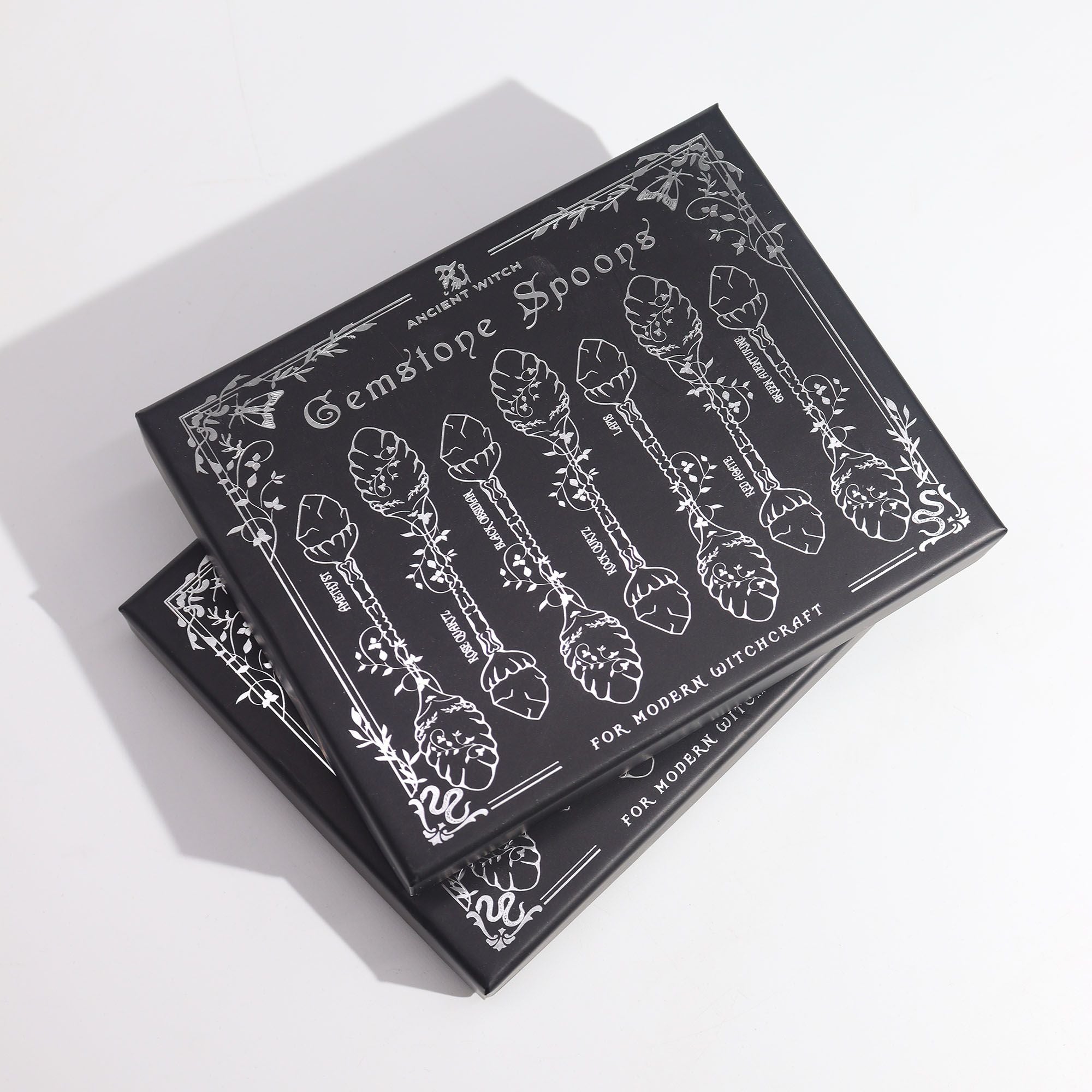 Set de 7 lingurițe decorative argintii, cu pietre semi-prețioase și cristale & aspect antichizat