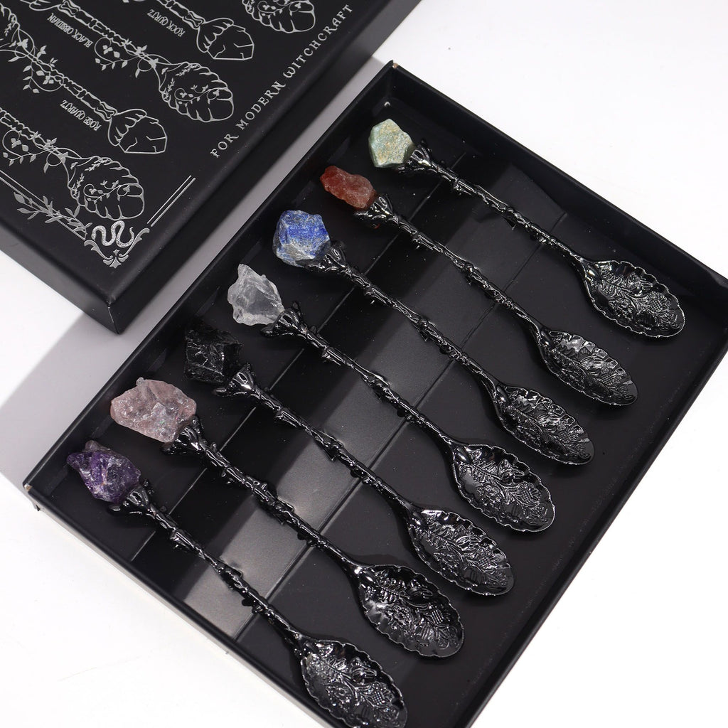 Set de 7 lingurițe decorative argintii, cu pietre semi-prețioase și cristale & aspect antichizat