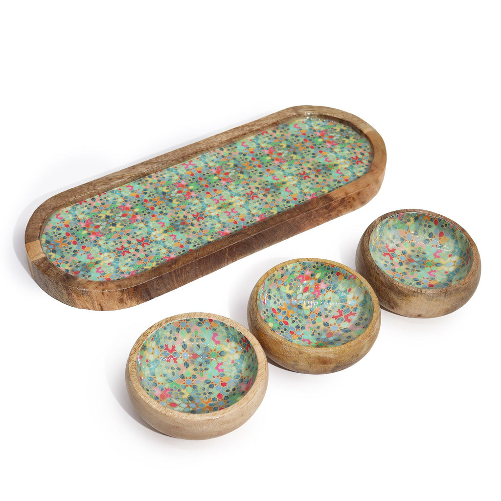 Tavă din lemn de mango cu 3 boluri și model floral - Verde mediteranean