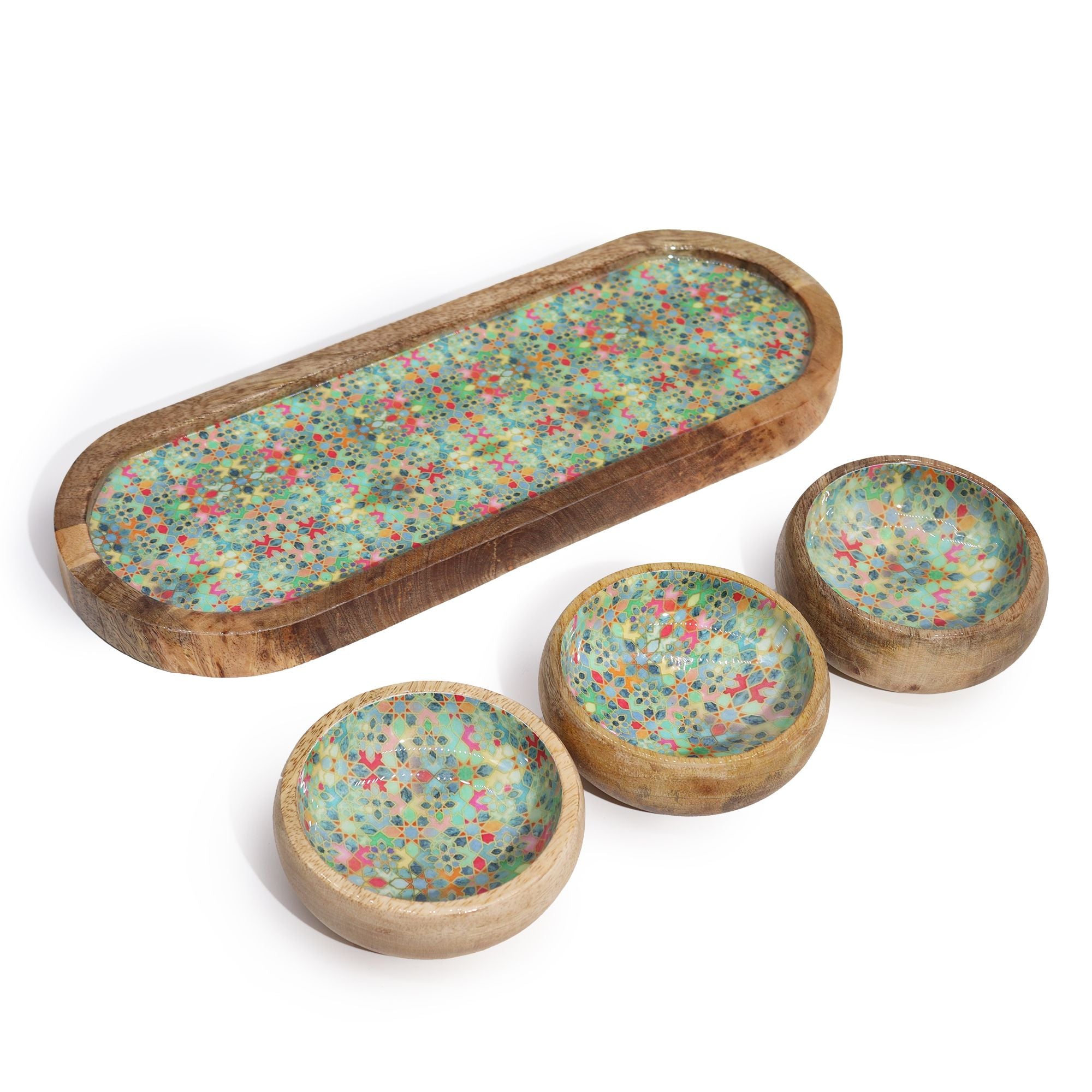 Tavă din lemn de mango cu 3 boluri și model floral - Verde mediteranean