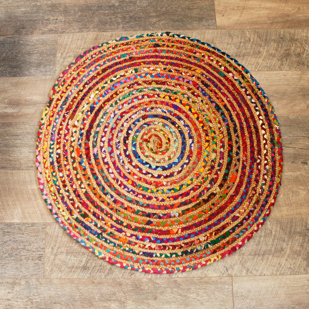 Covor rotund din iută și bumbac reciclat, lucrat manual în India - 90 cm