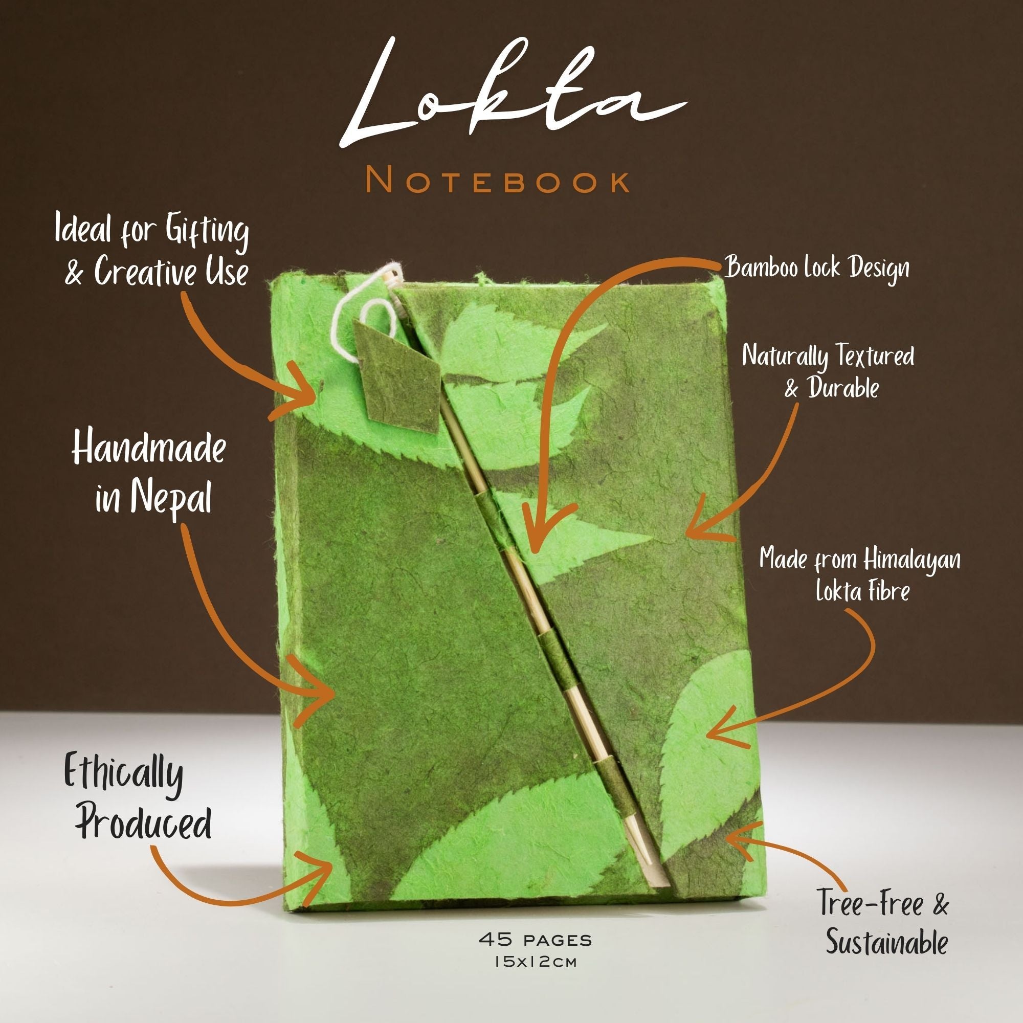 Jurnal verde Lokta cu model floral și închizătoare de bambus, mediu (15x12cm), 45 de pagini