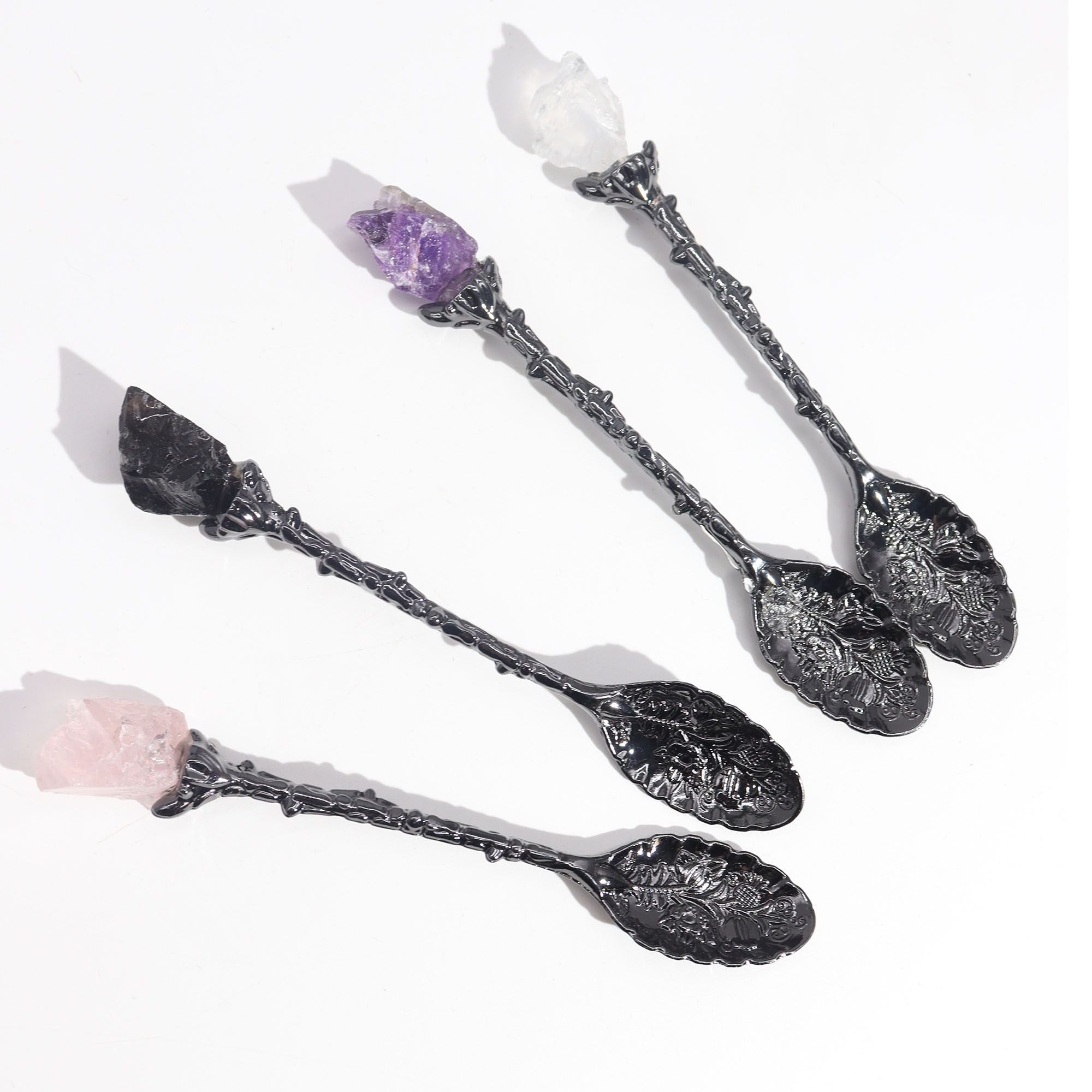 Set de 7 lingurițe decorative argintii, cu pietre semi-prețioase și cristale & aspect antichizat