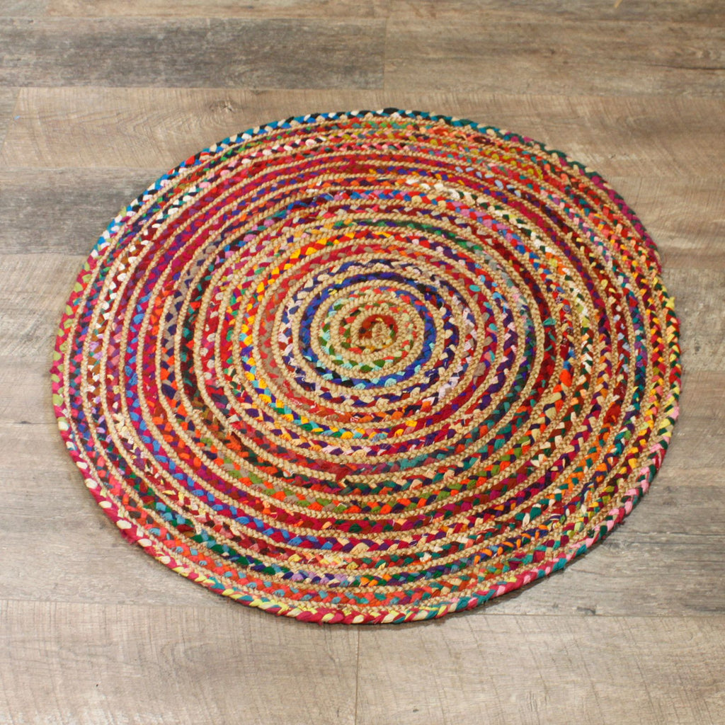 Covor rotund din iută și bumbac reciclat, lucrat manual în India - 90 cm