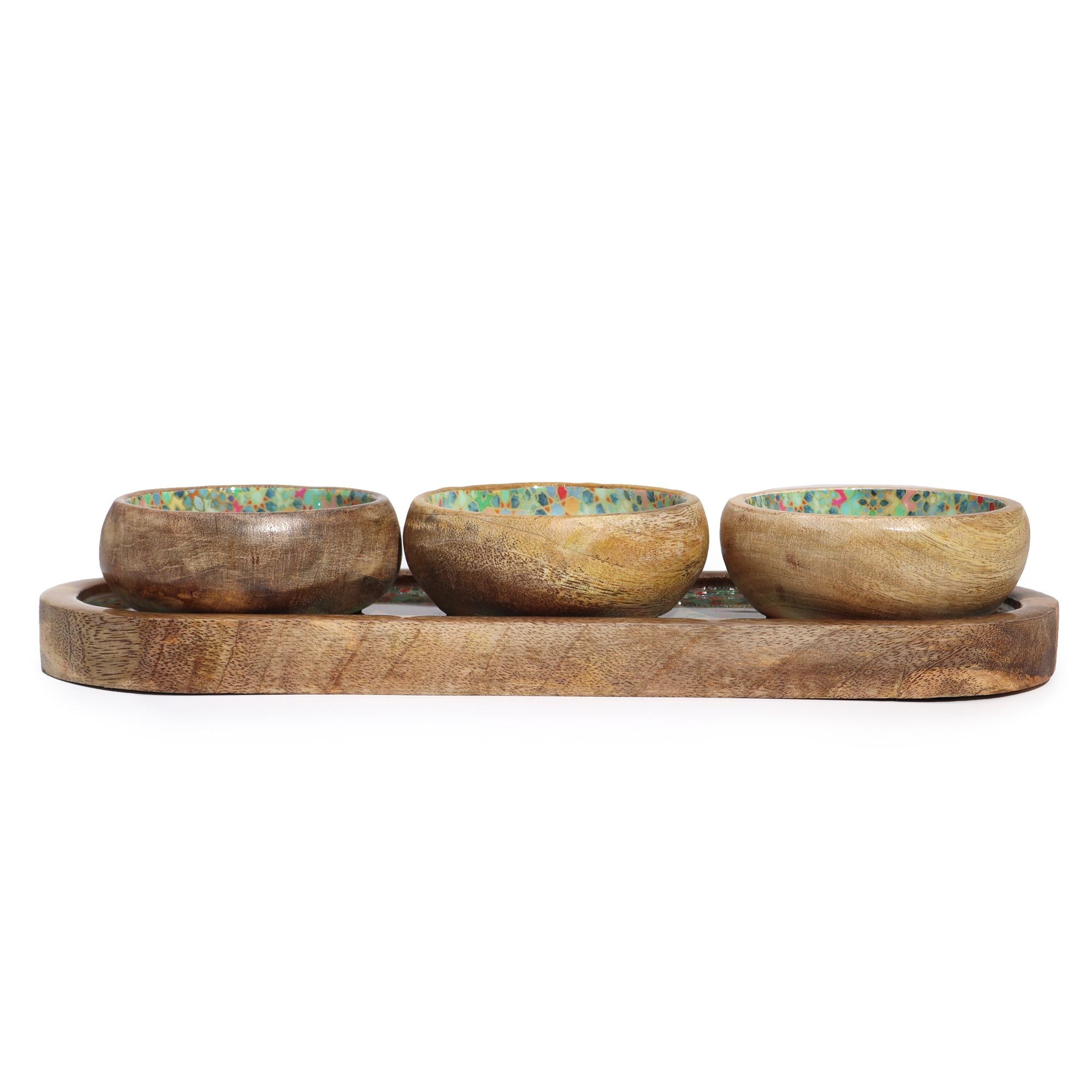 Tavă din lemn de mango cu 3 boluri și model floral - Verde mediteranean