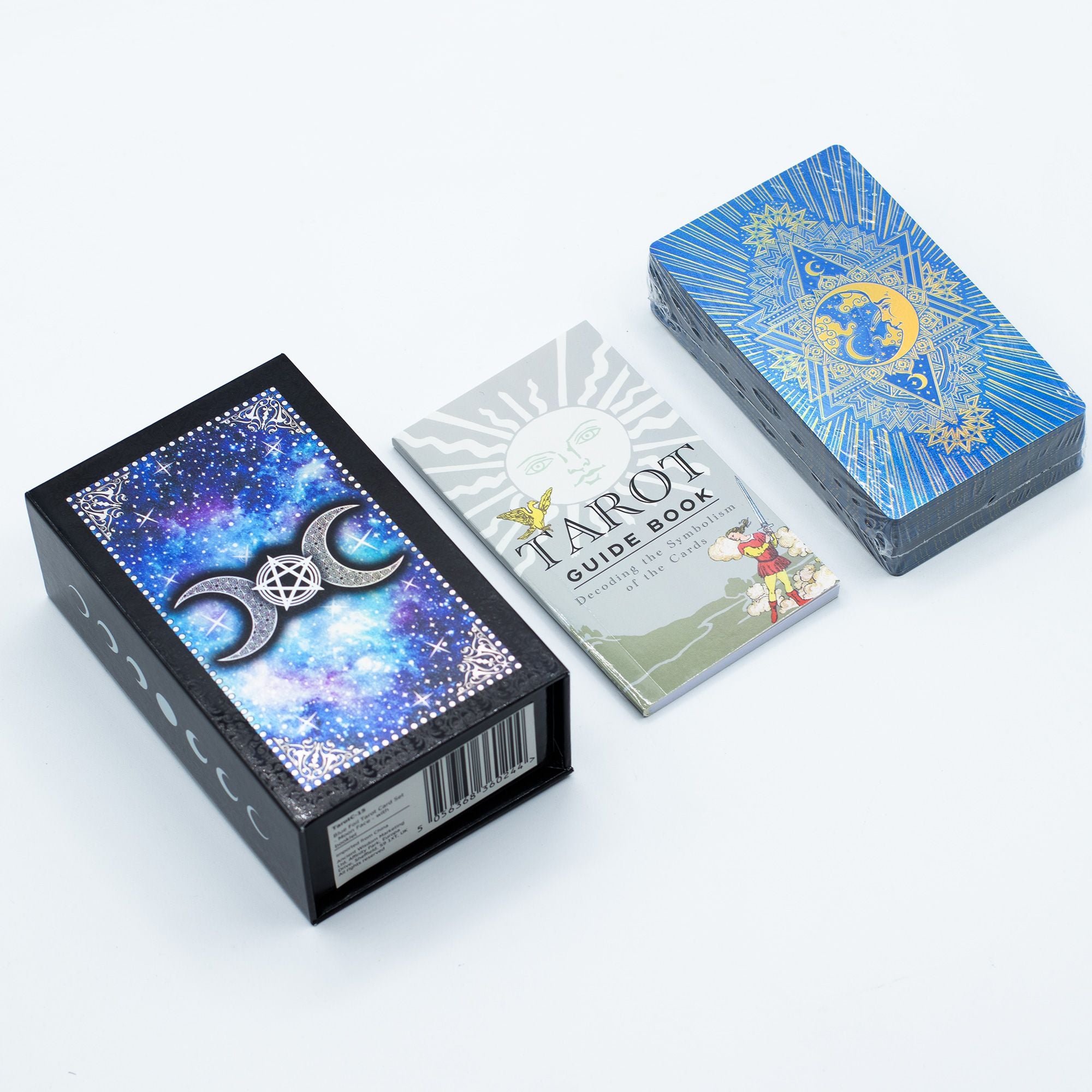 Set de cărți de tarot cu folie albastră, cu broșură și motivul Lunii