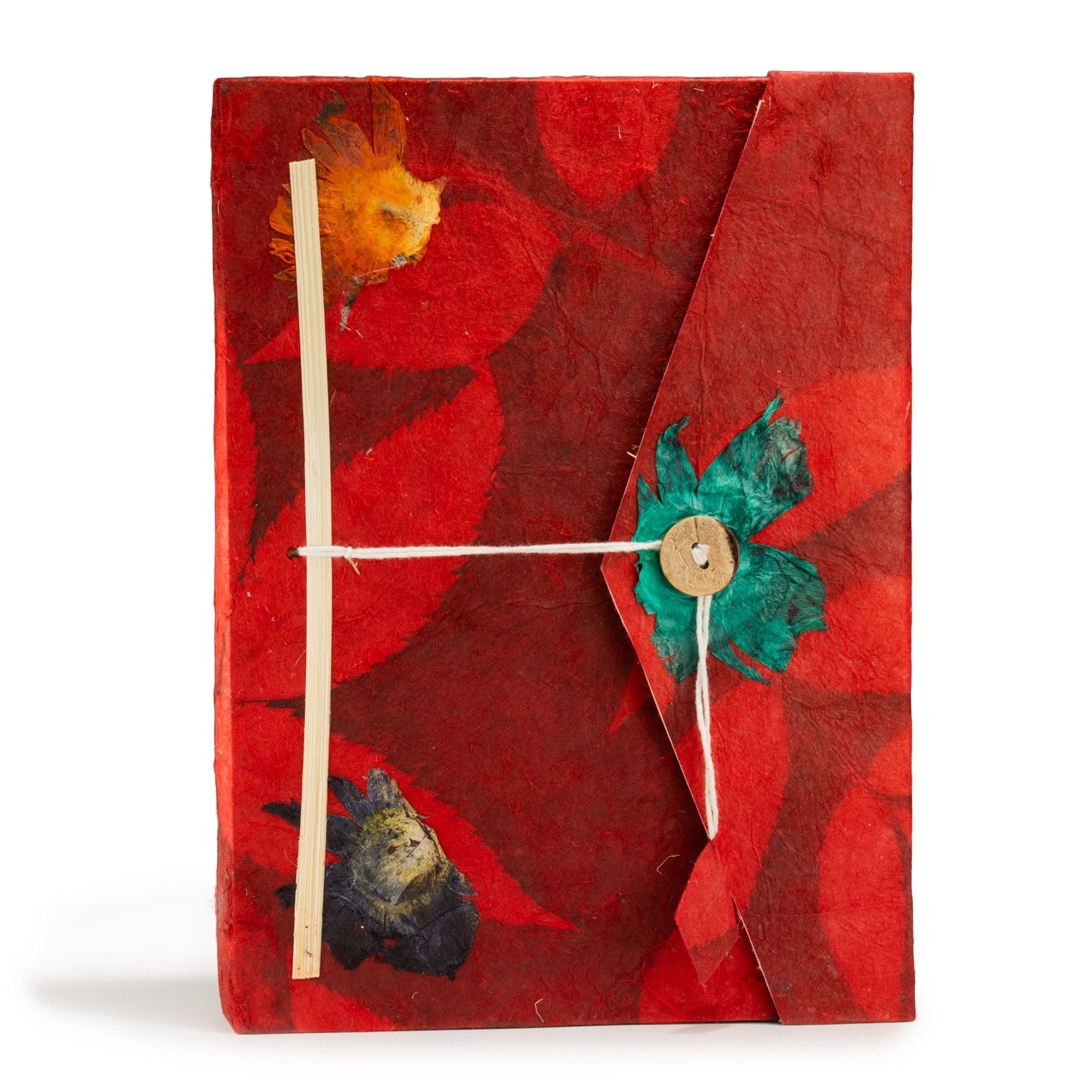 Jurnal roșu Lokta cu model floral și închizătoare de bambus, mare (21x15cm), 45 pagini