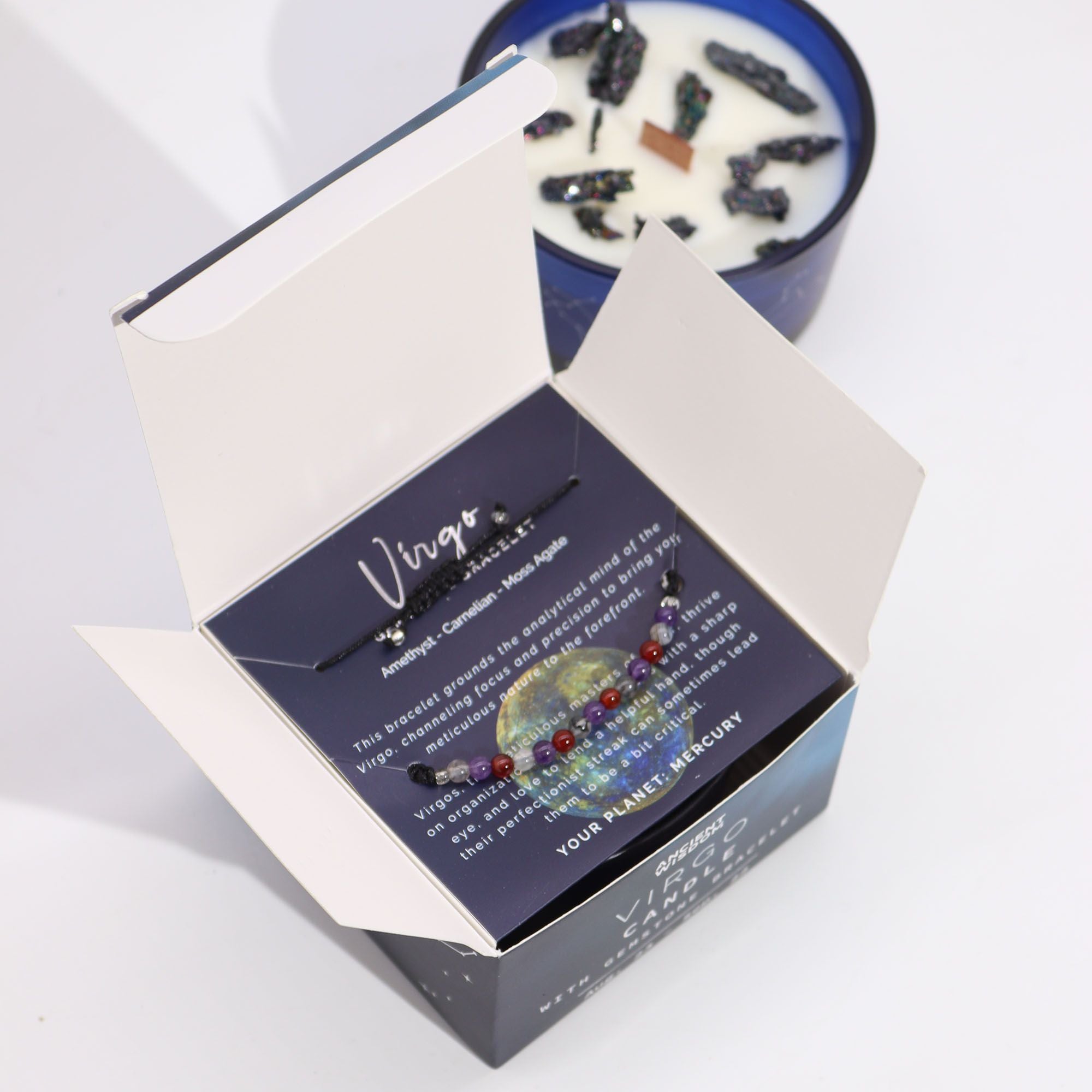 Lumânare zodiacală cu cristale și brățară cu pietre prețioase - Fecioară