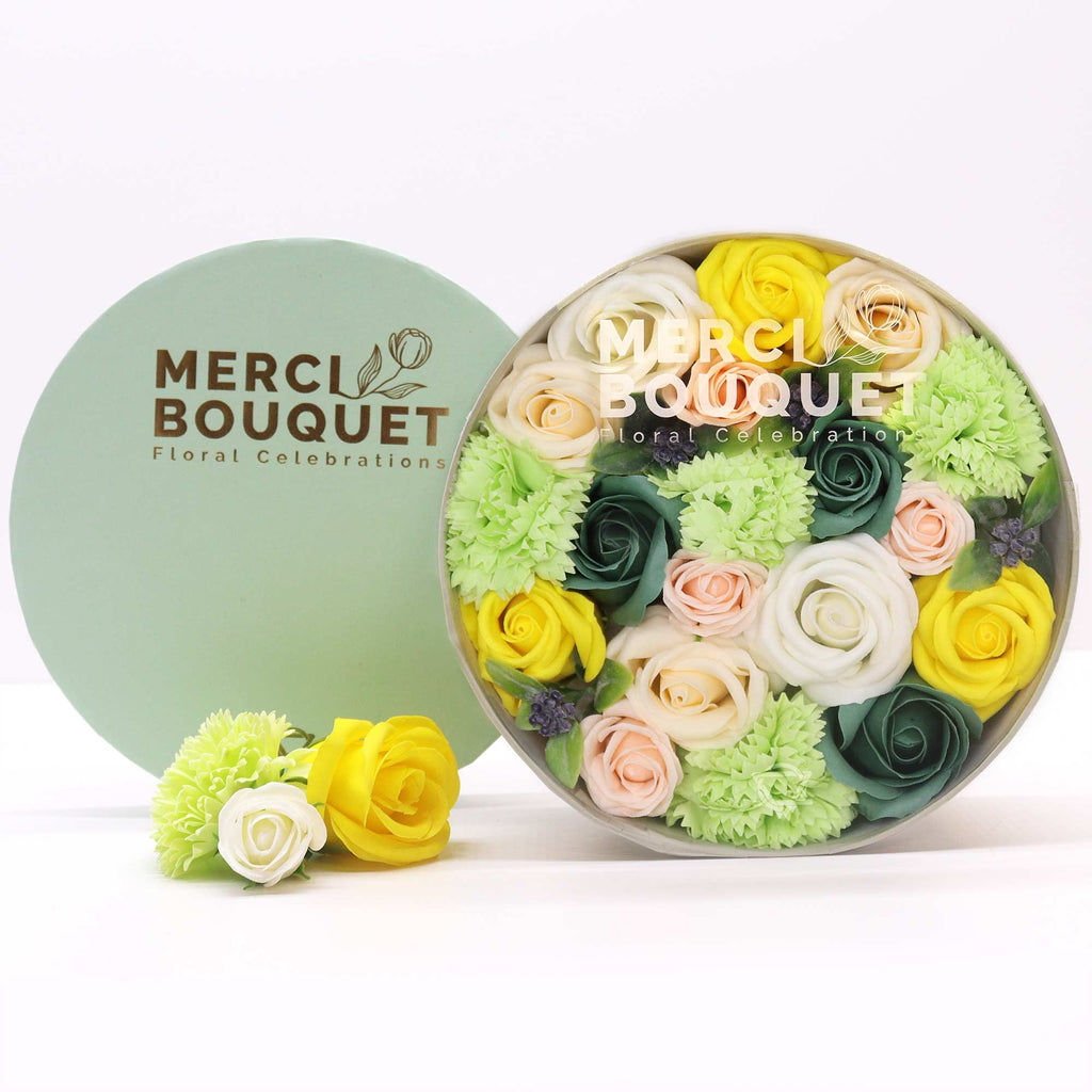 Cutie rotundă cu flori de săpun - Galben și verde