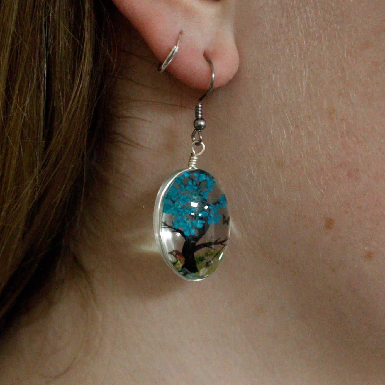 Set colier si cercei din flori naturale presate - Copacul Vietii - Turcoaz