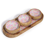 Tavă din lemn de mango cu 3 boluri și model floral - Roz pastel