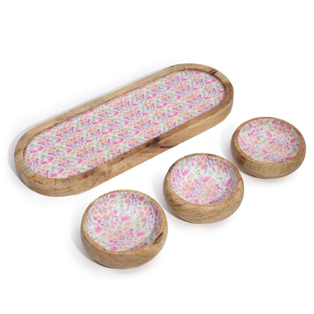 Tavă din lemn de mango cu 3 boluri și model floral - Roz pastel