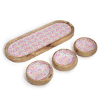 Tavă din lemn de mango cu 3 boluri și model floral - Roz pastel