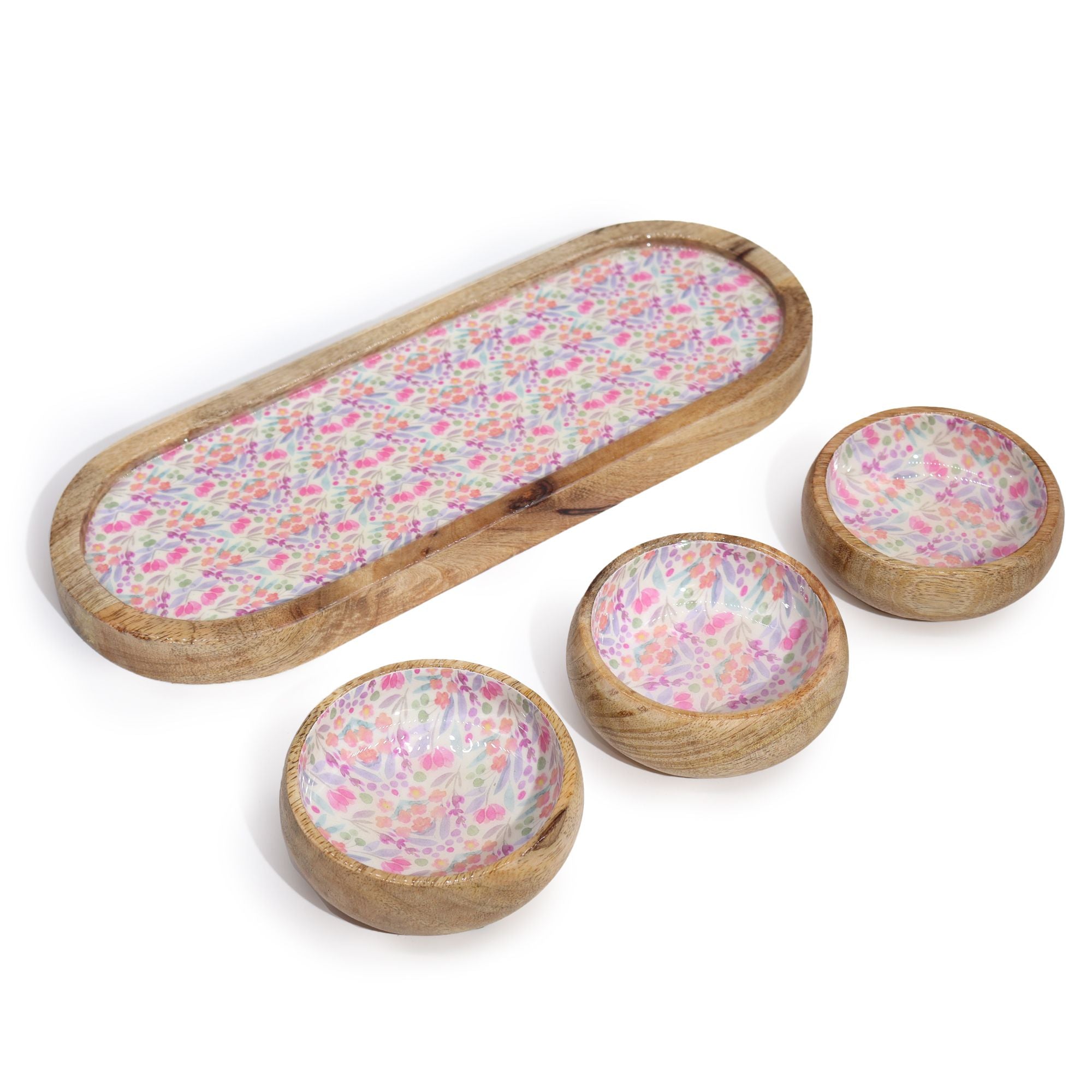 Tavă din lemn de mango cu 3 boluri și model floral - Roz pastel