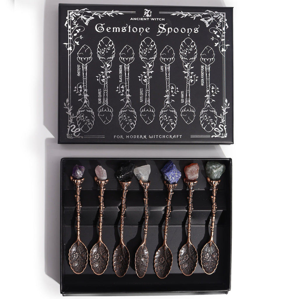 Set de 7 lingurițe decorative bronz, cu pietre semi-prețioase și cristale & aspect antichizat