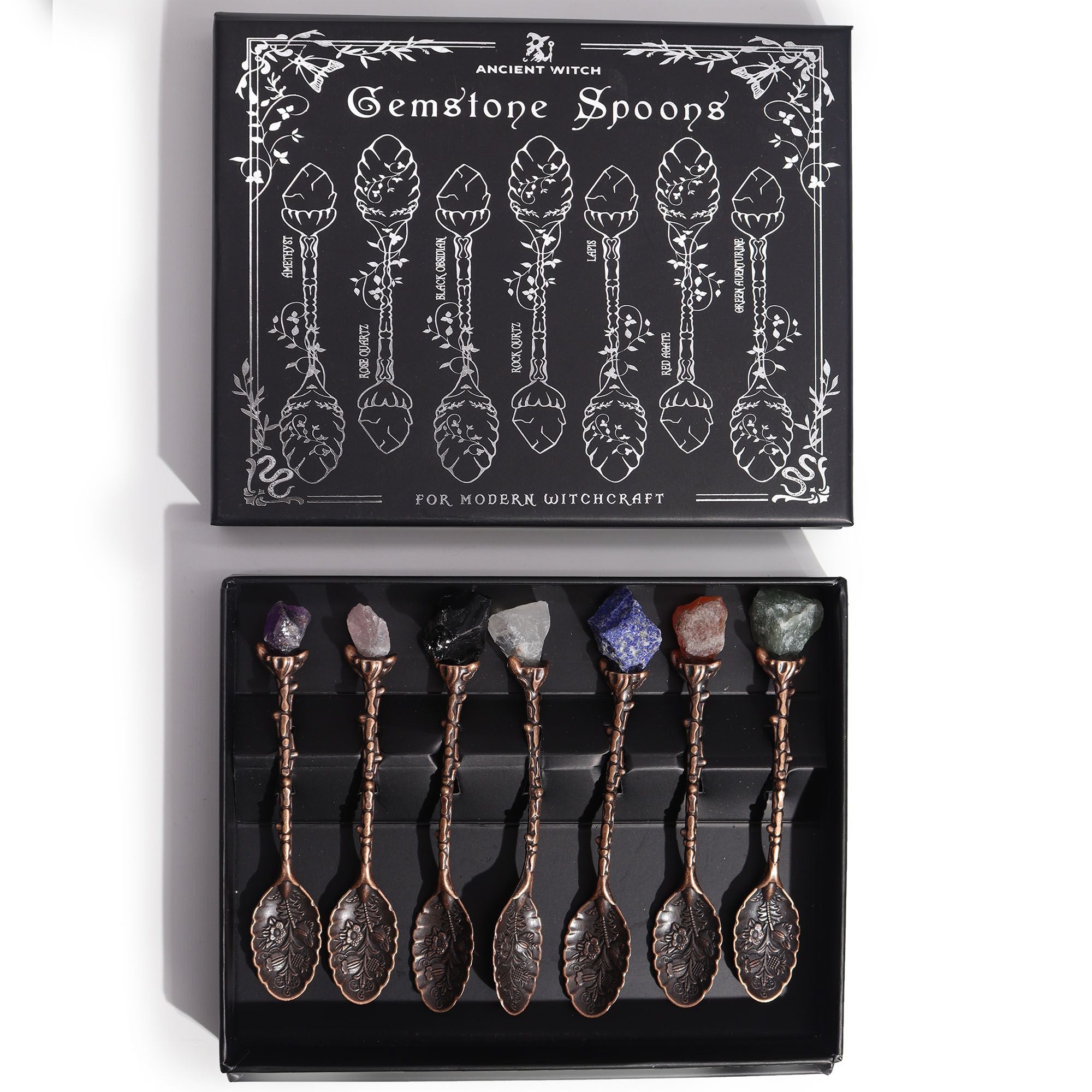 Set de 7 lingurițe decorative bronz, cu pietre semi-prețioase și cristale & aspect antichizat