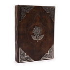 Jurnal antichizat din piele naturală, cu decor trandafir zincat - 200 pagini cu margini rotunde, 26x18cm