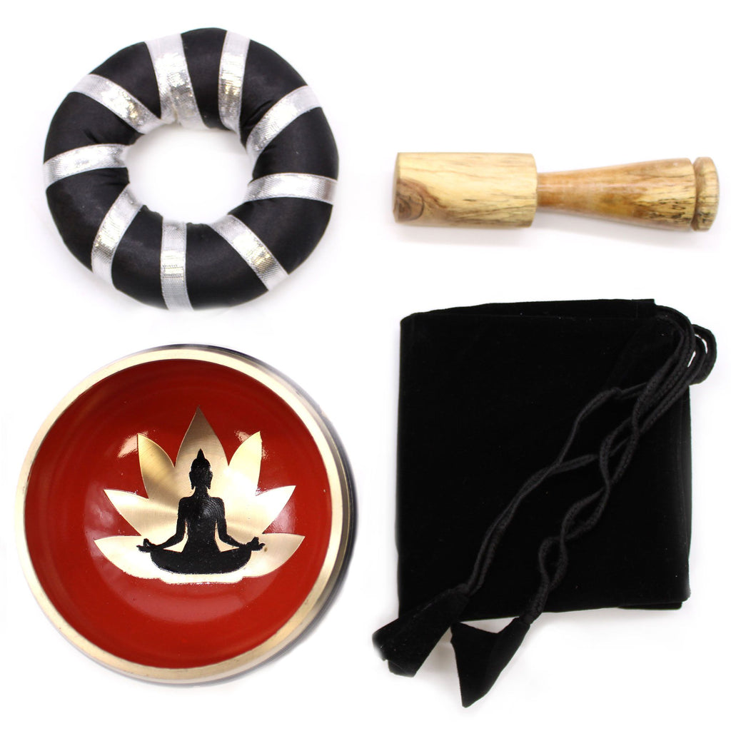 Set cu bol cântător tibetan, motiv Buddha - Negru/Portocaliu 10,7 cm