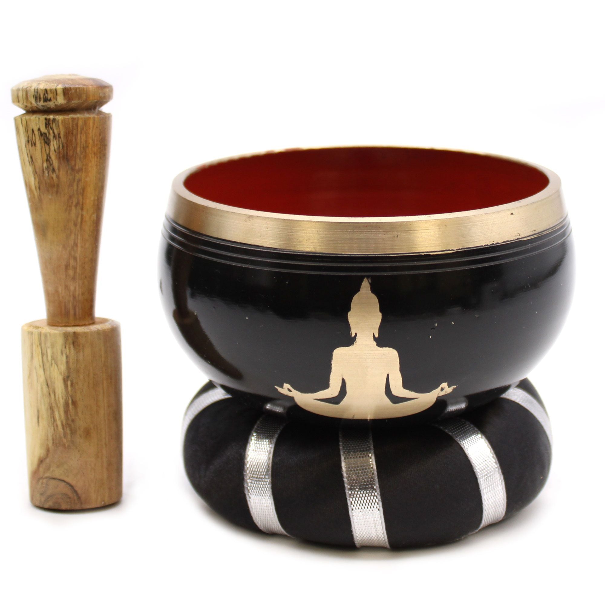 Set cu bol cântător tibetan, motiv Buddha - Negru/Portocaliu 10,7 cm
