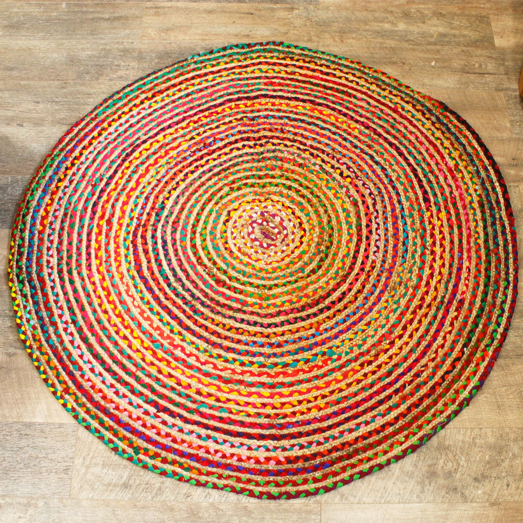 Covor rotund din iută și bumbac reciclat, lucrat manual în India - 150 cm