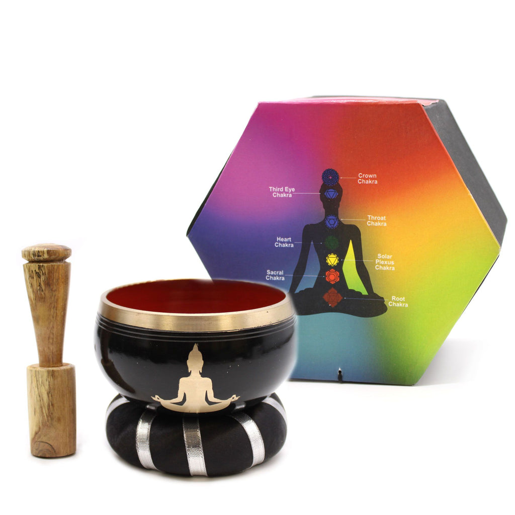 Set cu bol cântător tibetan, motiv Buddha - Negru/Portocaliu 10,7 cm
