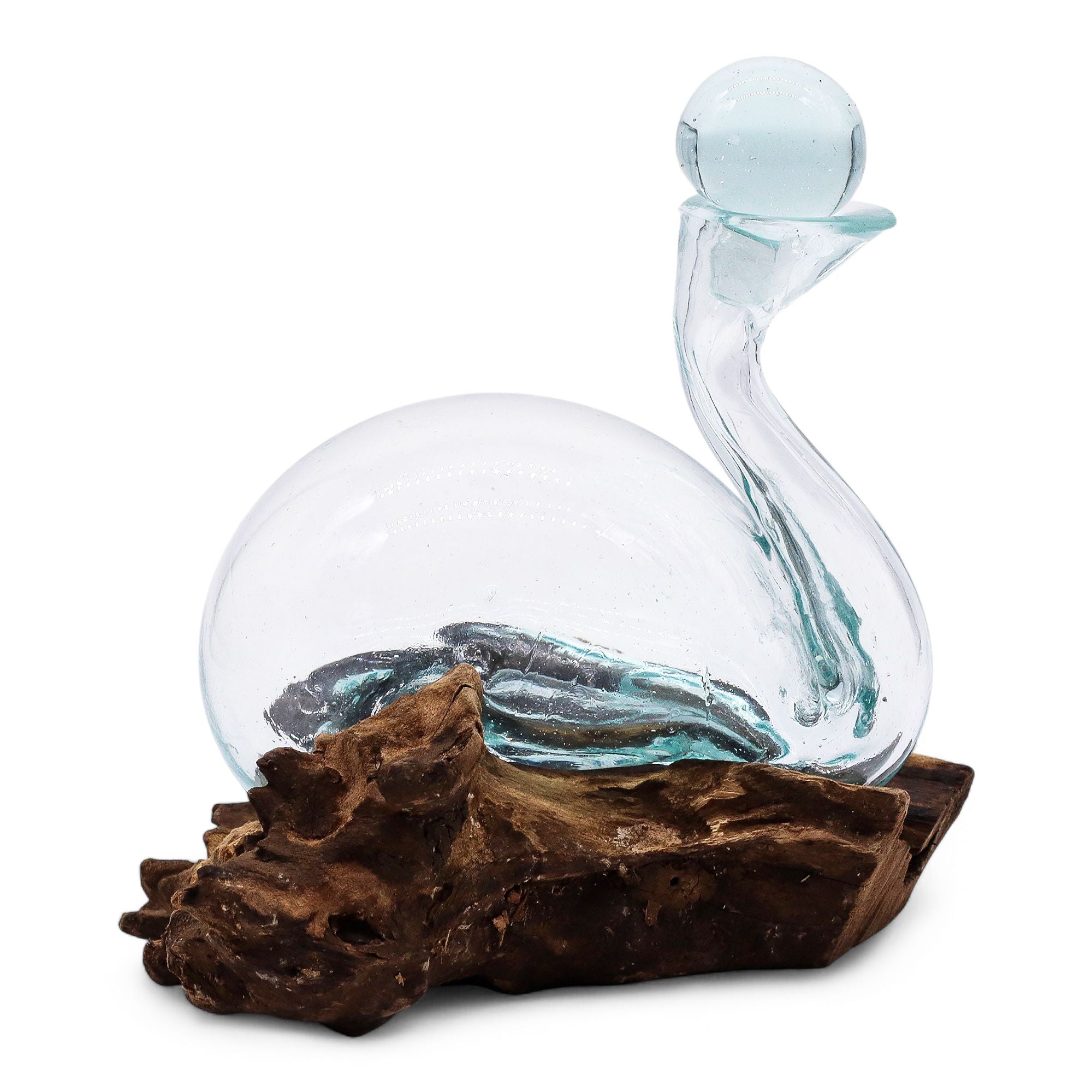 Decantor din sticlă topită pe suport de lemn, cu dop, realizat manual