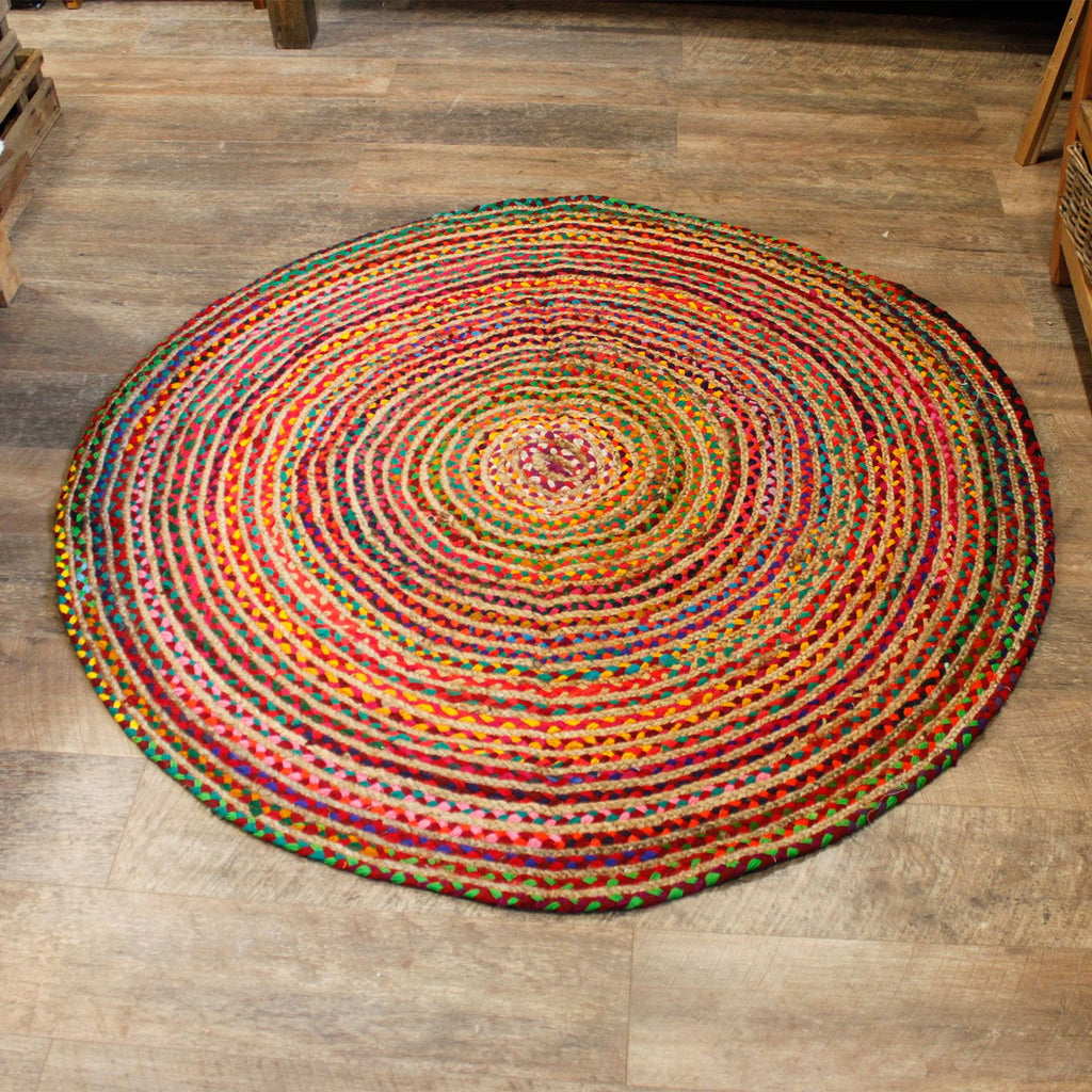 Covor rotund din iută și bumbac reciclat, lucrat manual în India - 150 cm