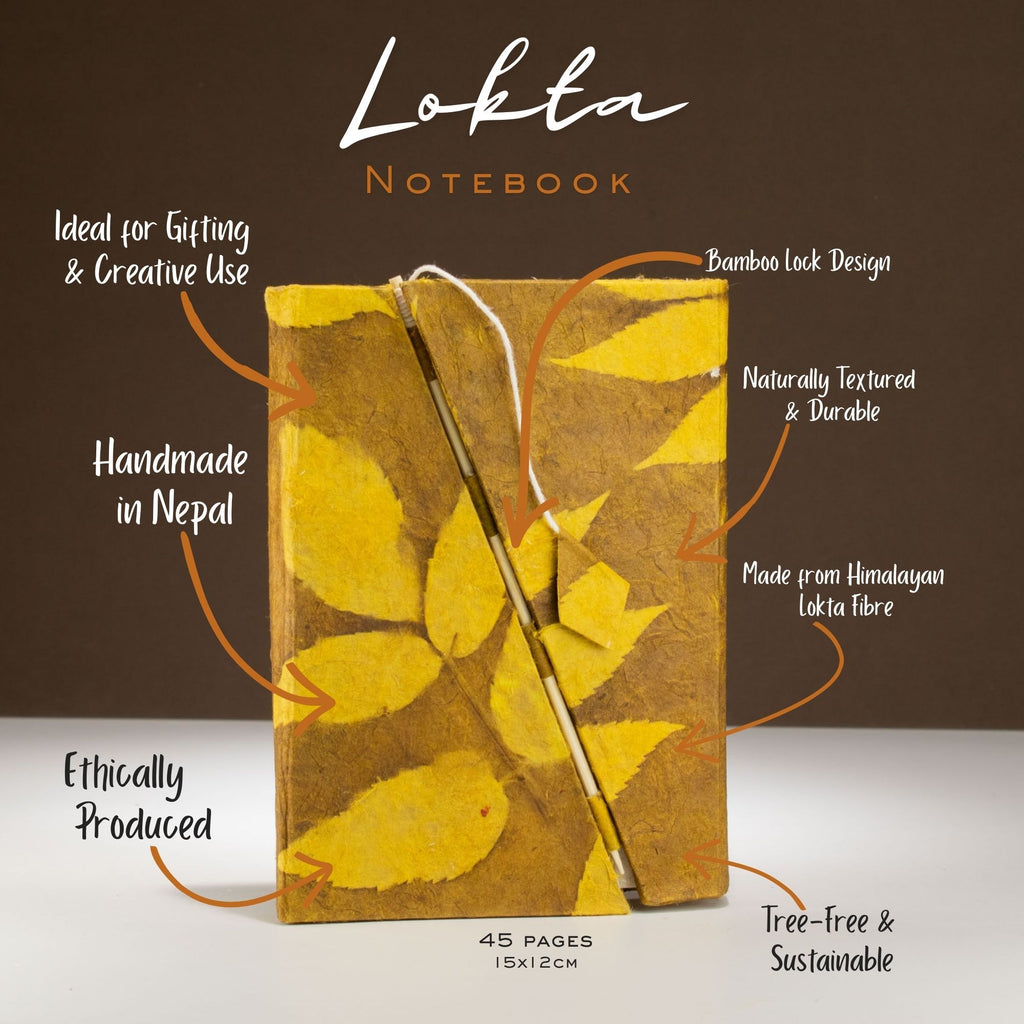 Jurnal galben Lokta cu model floral și închizătoare de bambus, mediu (15x12cm), 45 de pagini
