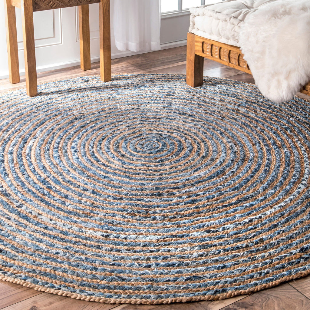 Covor rotund din iută și denim reciclat, lucrat manual în India - 150 cm