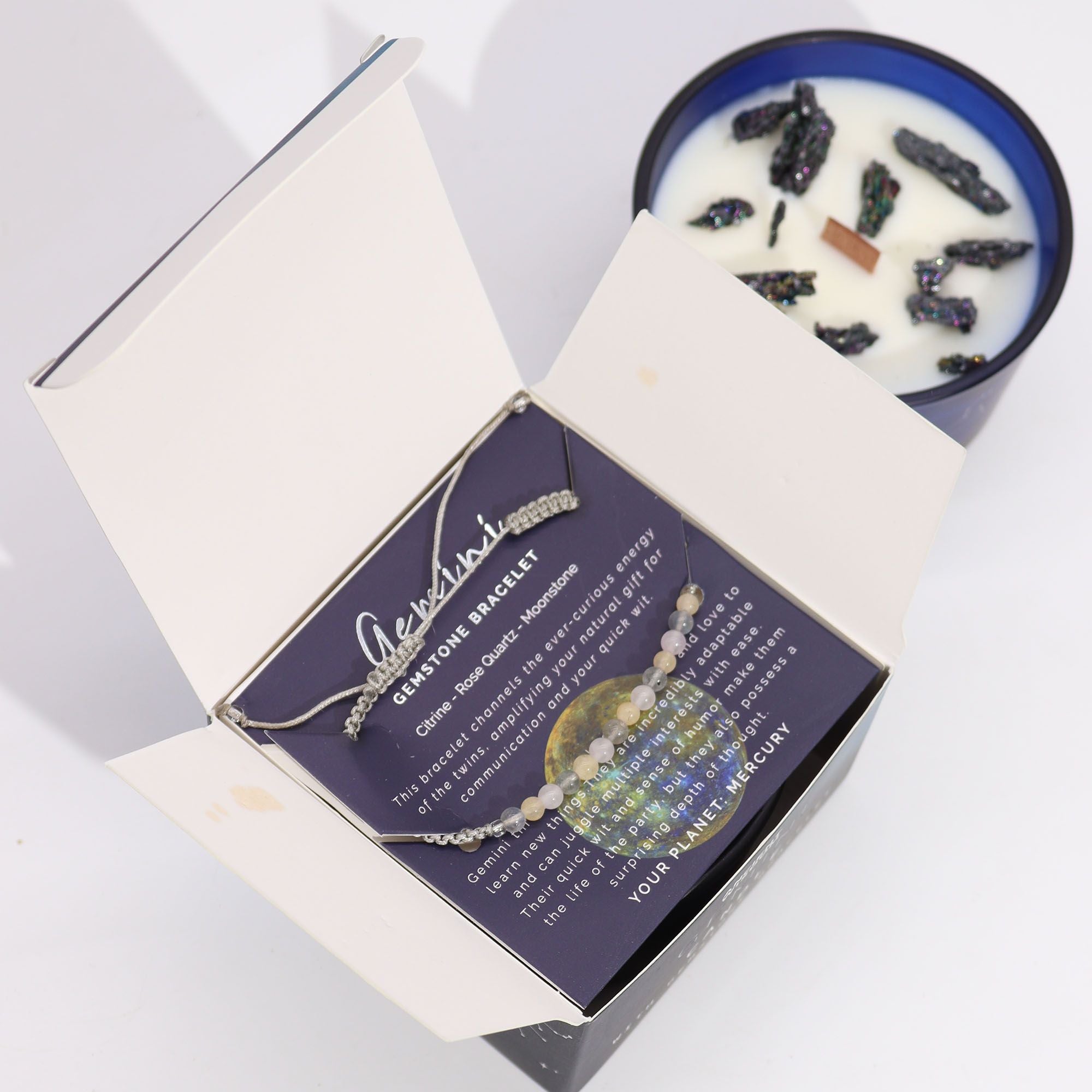 Lumânare zodiacală cu cristale și brățară cu pietre prețioase - Gemeni