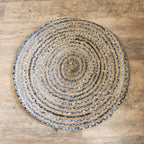 Round rug made from jute and recycled denim, handcrafted in India - 90 cm