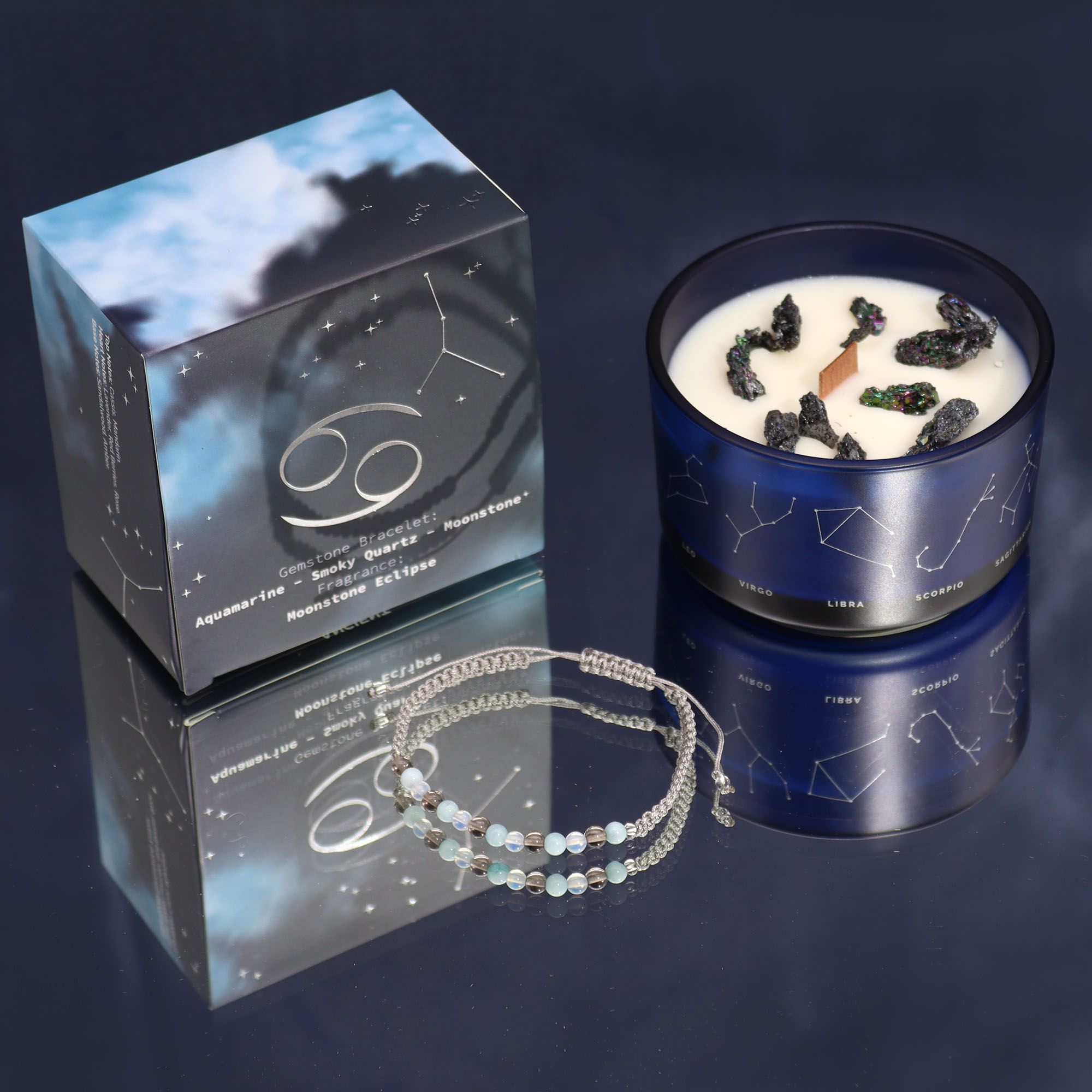 Lumânare zodiacală cu cristale și brățară cu pietre prețioase - Rac