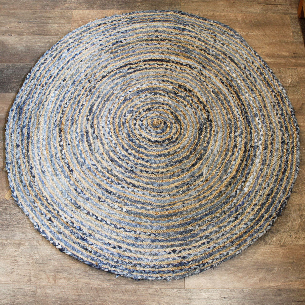 Covor rotund din iută și denim reciclat, lucrat manual în India - 150 cm